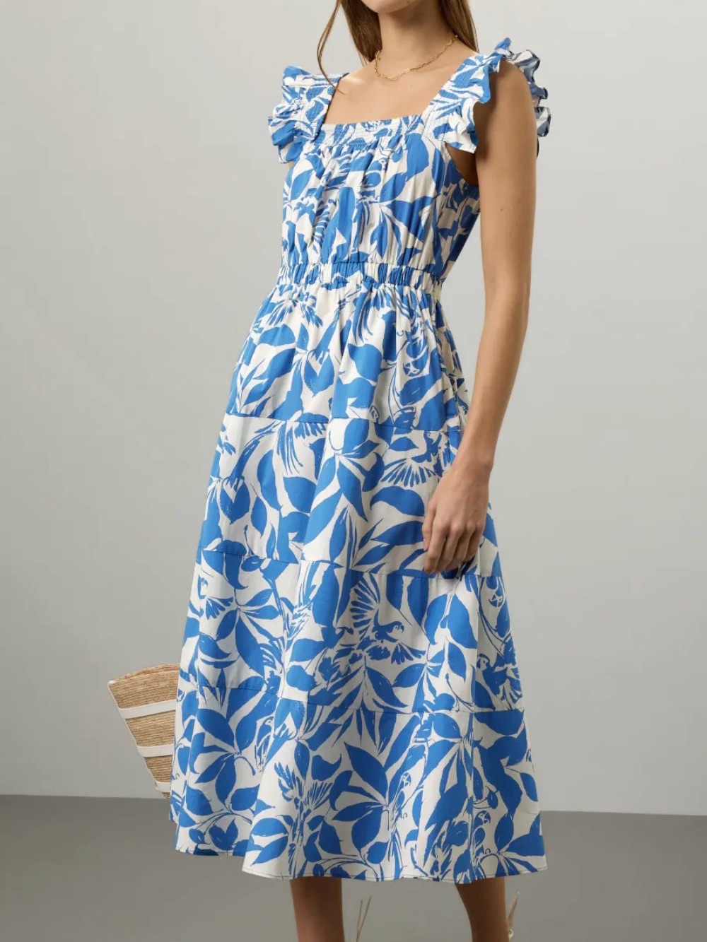 Peter Som X Rtr Tropical Print Blue & White Floral Midi Dress With Ruffle Straps